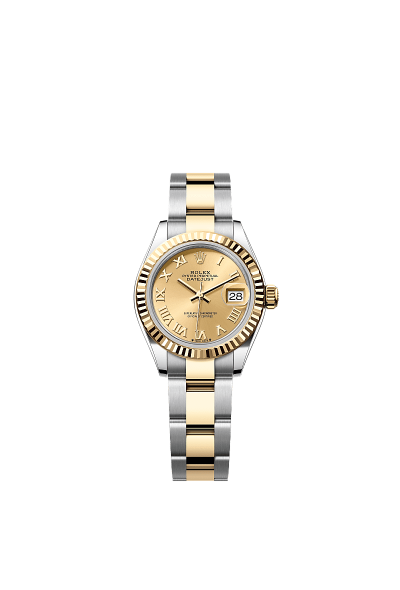 Rolex Lady-Datejust 28 Rolesor Yellow Fluted / Oyster / Champagne Roman — Ref. 279173