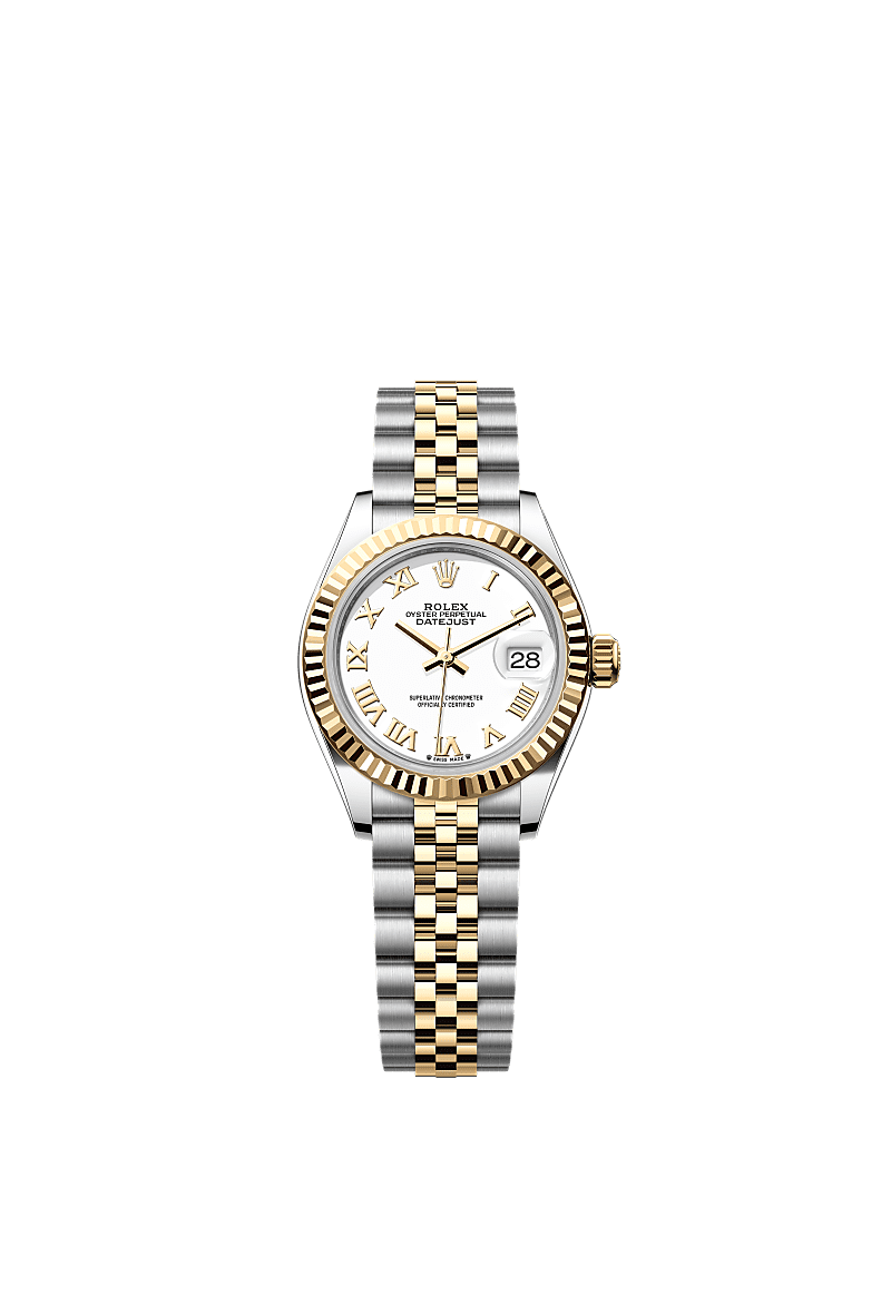 Rolex Lady-Datejust 28 Rolesor Yellow Fluted / Jubilee / White Roman — Ref. 279173