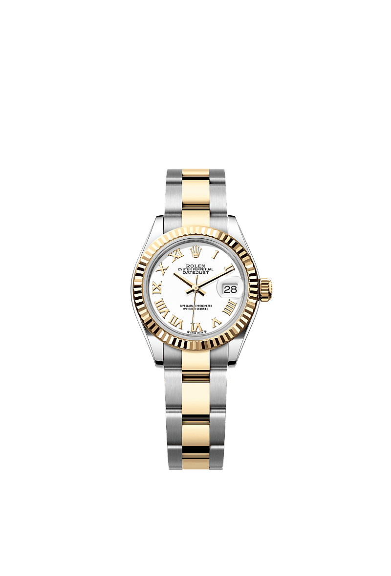Rolex Lady-Datejust 28 Rolesor Yellow Fluted / Oyster / White Roman — Ref. 279173