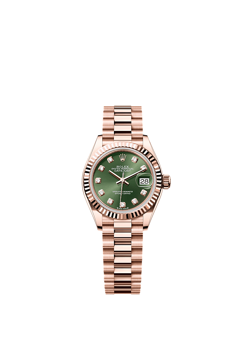 Rolex Lady-Datejust 28 Everose Fluted/ President / Olive Green Diamond — Ref. 279175