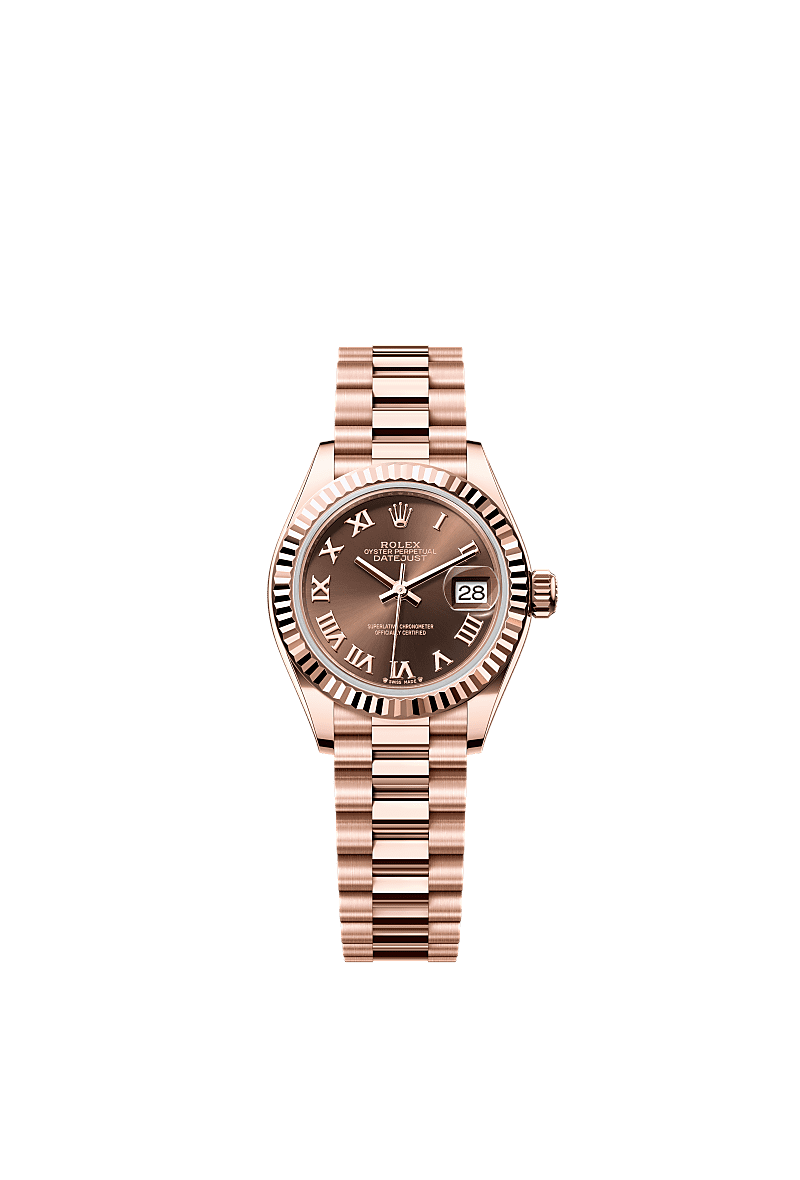 Rolex Lady-Datejust 28 Everose Fluted / President / Chocolate Roman — Ref. 279175