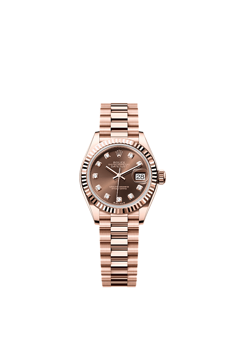 Rolex Lady-Datejust 28 Everose Fluted / President / Chocolate Diamond — Ref. 279175