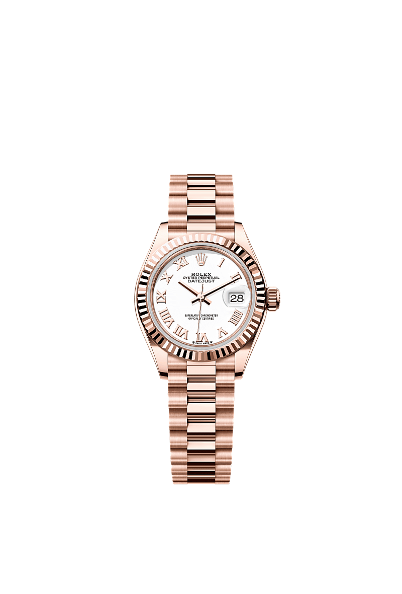 Rolex Lady-Datejust 28 Everose Fluted / President / White Roman — Ref. 279175