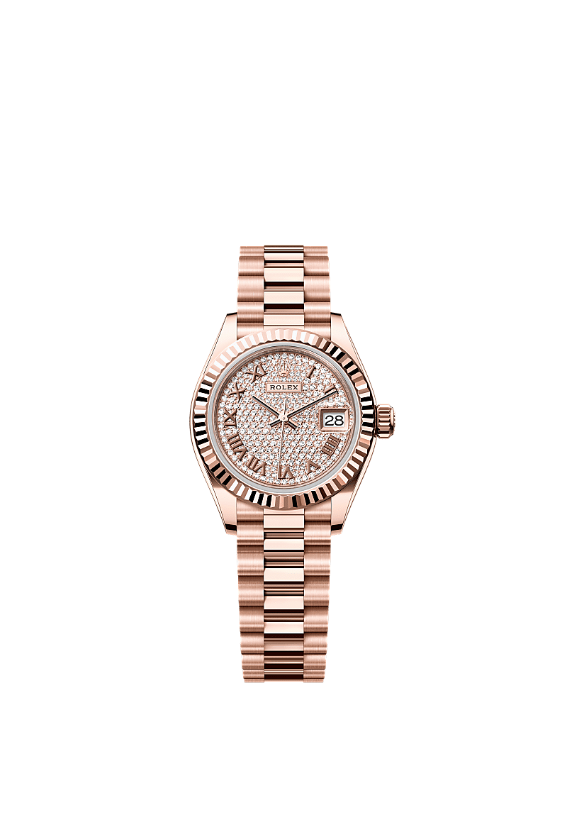 Rolex Lady-Datejust 28 Everose Fluted / President / Paved Roman — Ref. 279175