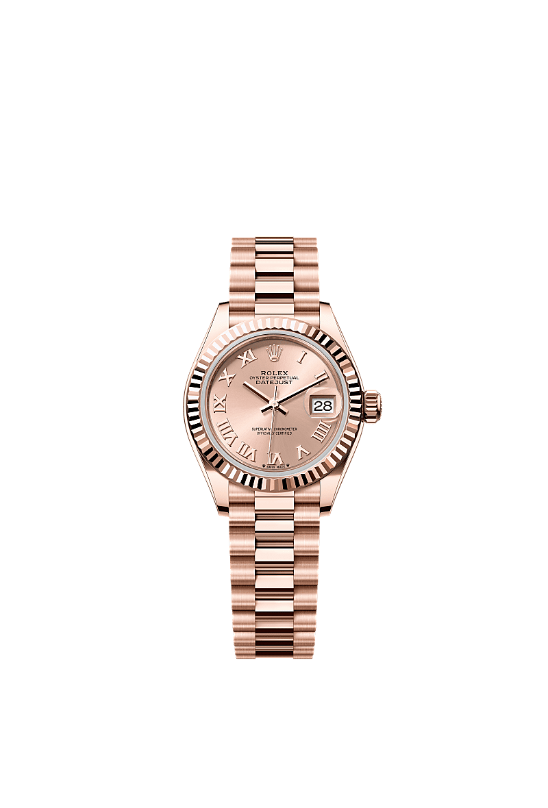 Rolex Lady-Datejust 28 Rose Gold / Fluted / Rose - Roman / President — Ref. 279175