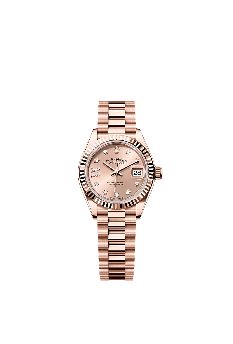 Rolex Lady-Datejust 28 Rose Gold / Fluted / Rose - Diamond / President — Ref. 279175