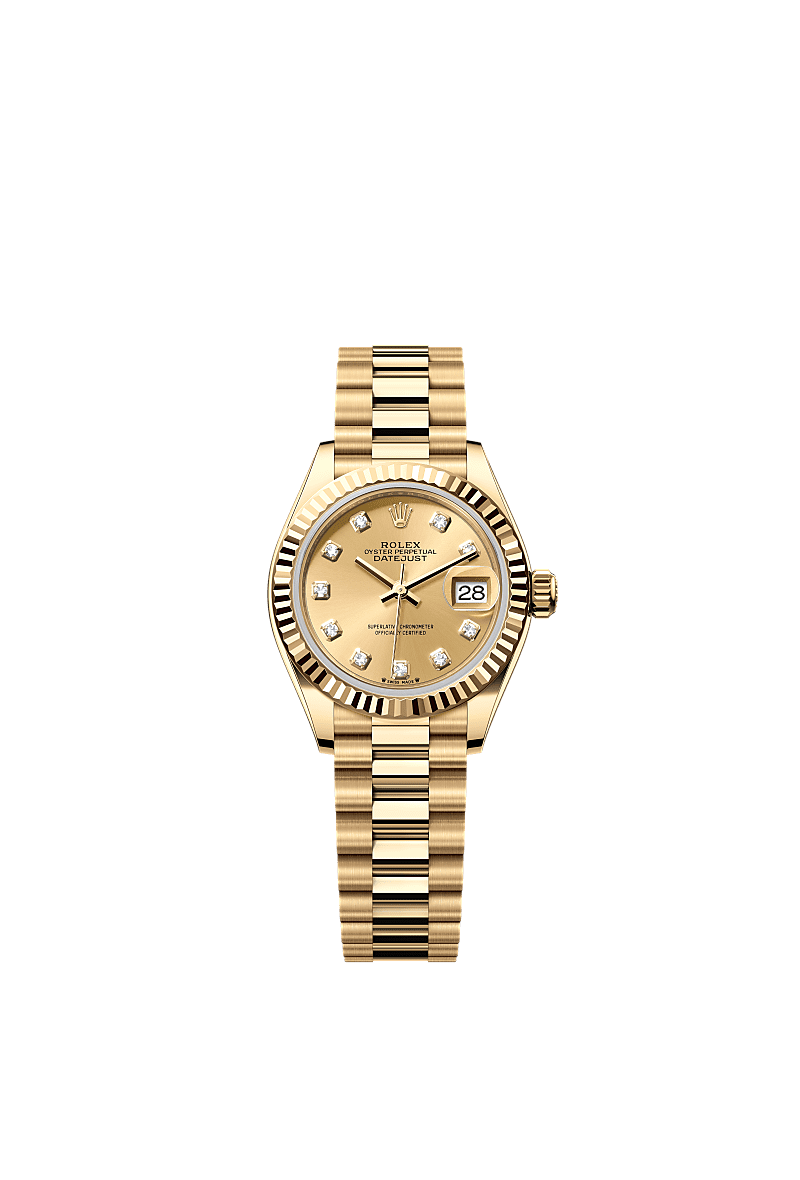 Rolex Lady-Datejust 28 Yellow Gold Fluted / President / Champagne Diamond — Ref. 279178