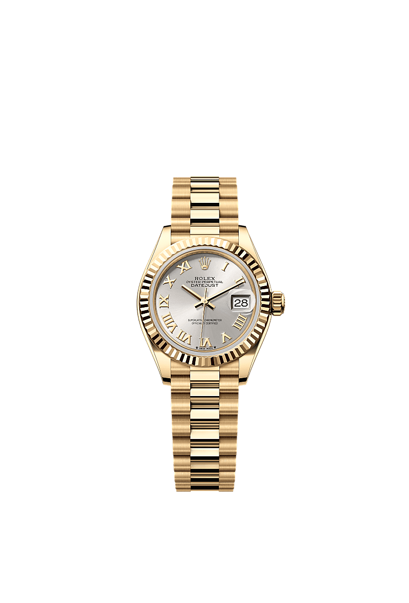 Rolex Lady-Datejust 28 Yellow Gold Fluted / President / Silver Roman — Ref. 279178