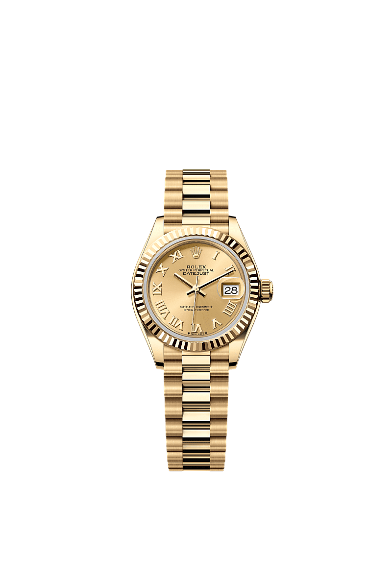 Rolex Lady-Datejust 28 Yellow Gold Fluted / President / Champagne Roman — Ref. 279178