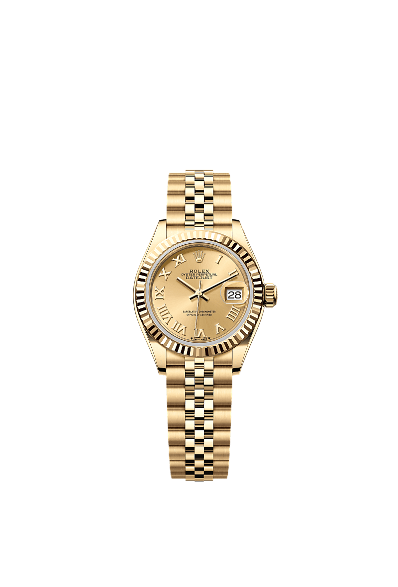 Rolex Lady-Datejust 28 Yellow Gold Fluted / Jubilee / Champagne Roman — Ref. 279178