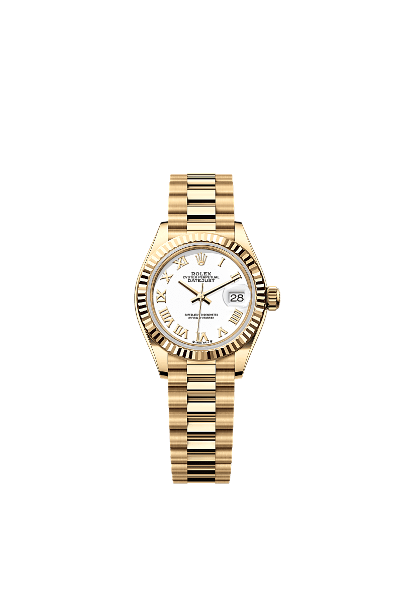 Rolex Lady-Datejust 28 Yellow Gold Fluted / President / White Roman — Ref. 279178
