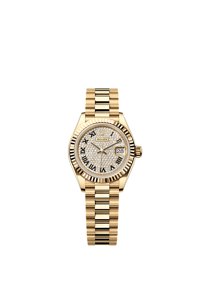 Rolex Lady-Datejust 28 Yellow Gold Fluted / President / Paved Roman — Ref. 279178