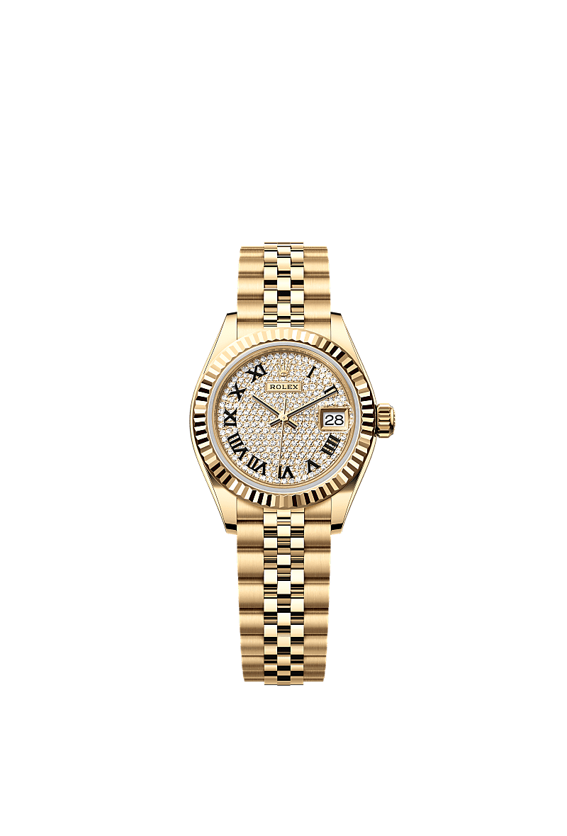 Rolex Lady-Datejust 28 Yellow Gold Fluted / Jubilee / Paved Roman — Ref. 279178