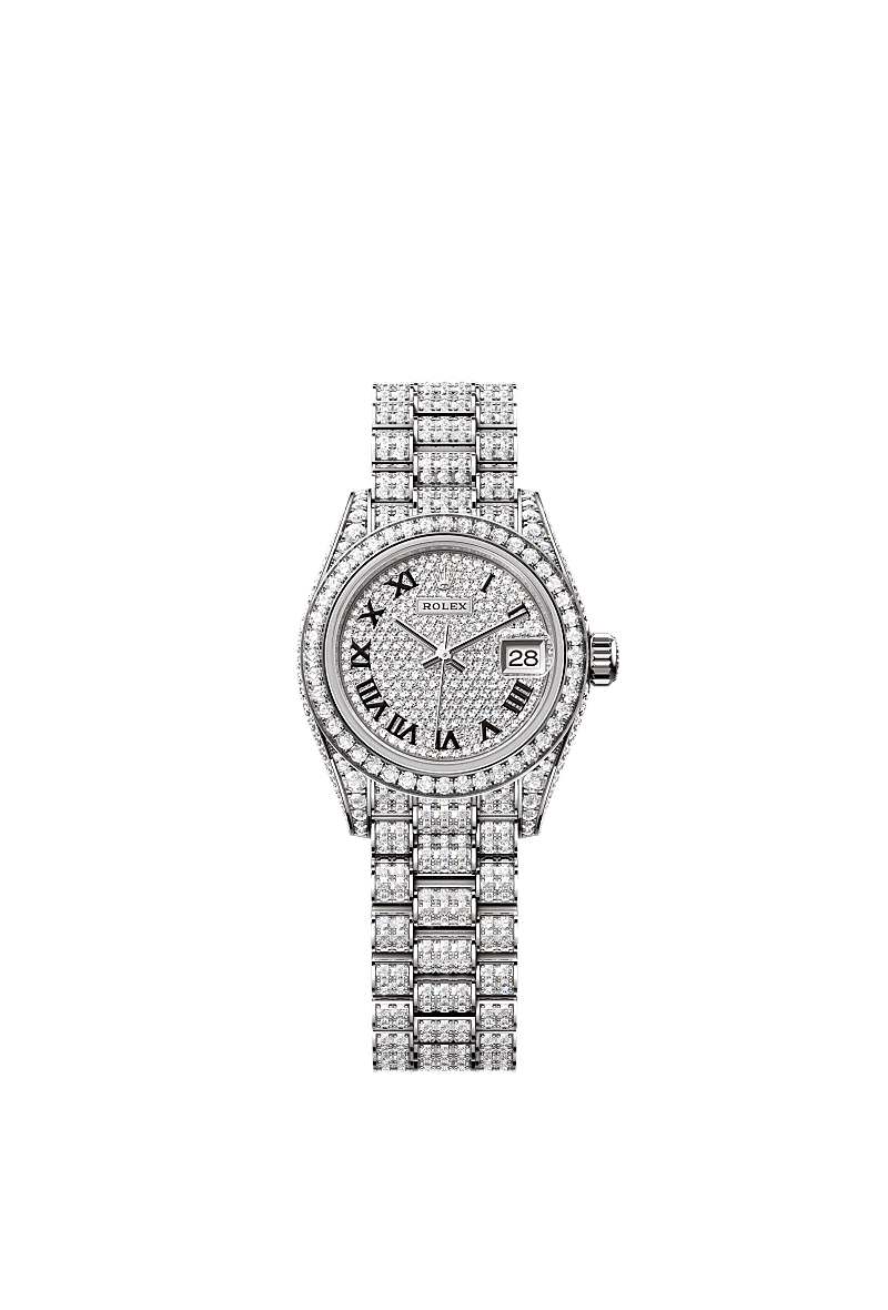 Rolex Lady-Datejust 28 White Gold / Diamond / Paved - Roman / President — Ref. 279459RBR
