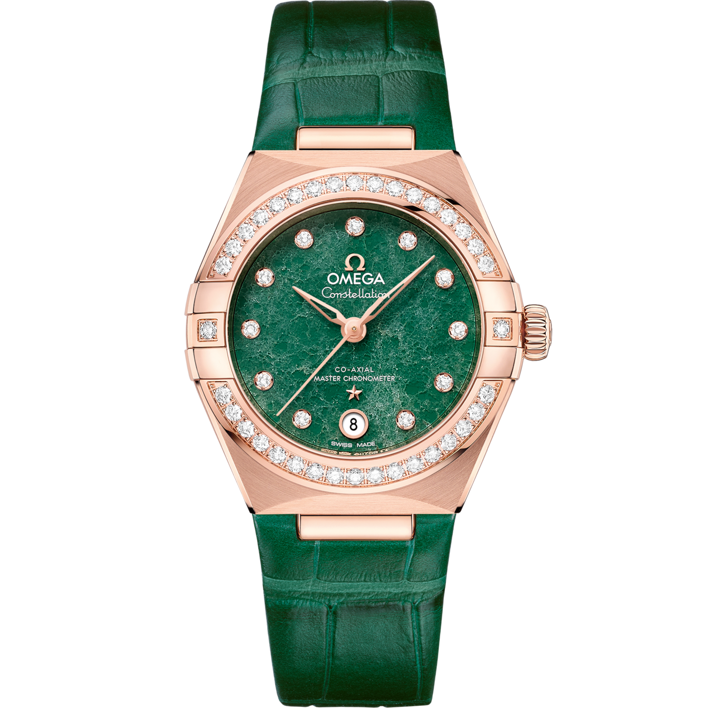 Omega Constellation Manhattan 29 Co-Axial Master Chronometer Sedna Gold / Diamond / Green Aventurine — Ref. 131.58.29.20.99.004