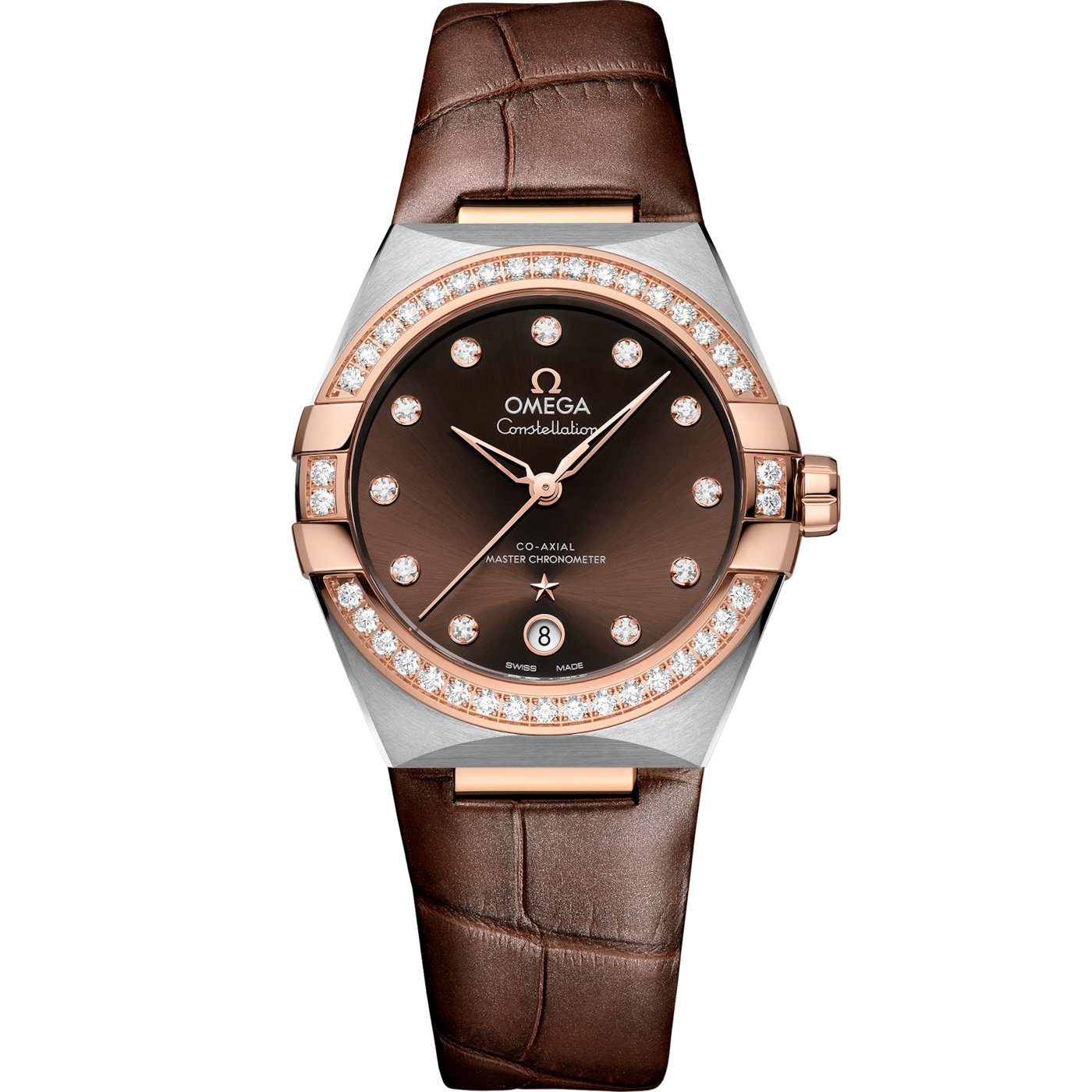 Omega Master Chronometer 36 Stainless Steel / Sedna Gold / Diamond / Brown / Strap — Ref. 131.28.36.20.63.001