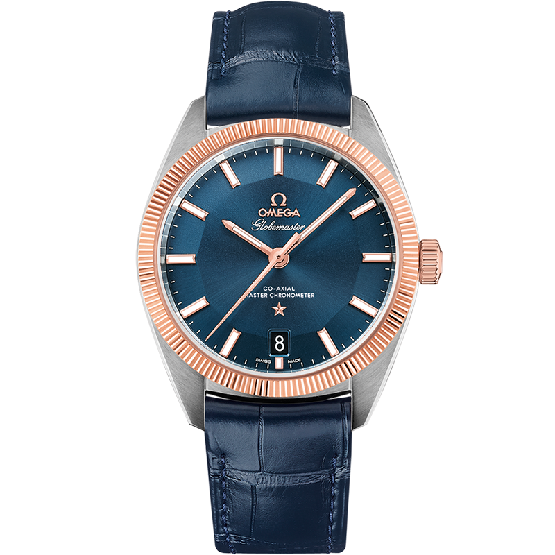Omega Globemaster Stainless Steel / Sedna Gold / Blue / Alligator — Ref. 130.23.39.21.03.001