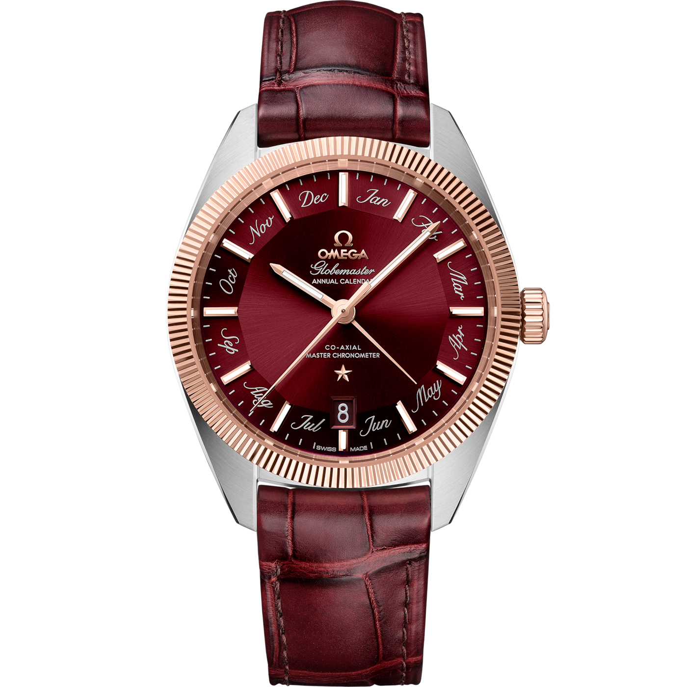 Omega Globemaster Annual Calendar Stainless Steel / Sedna Gold / Burgundy — Ref. 130.23.41.22.11.001