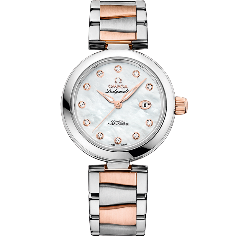 Omega LadyMatic Co-Axial 34 Stainless Steel / Sedna Gold / MOP / Bracelet — Ref. 425.20.34.20.55.004