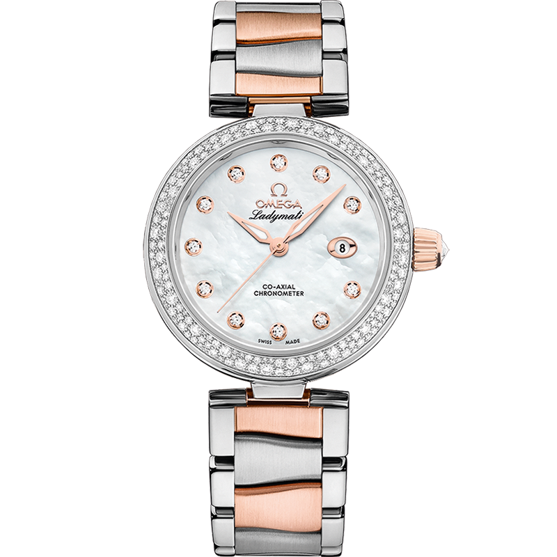 Omega LadyMatic Co-Axial 34 Stainless Steel / Sedna Gold / Diamond / MOP / Bracelet — Ref. 425.25.34.20.55.004