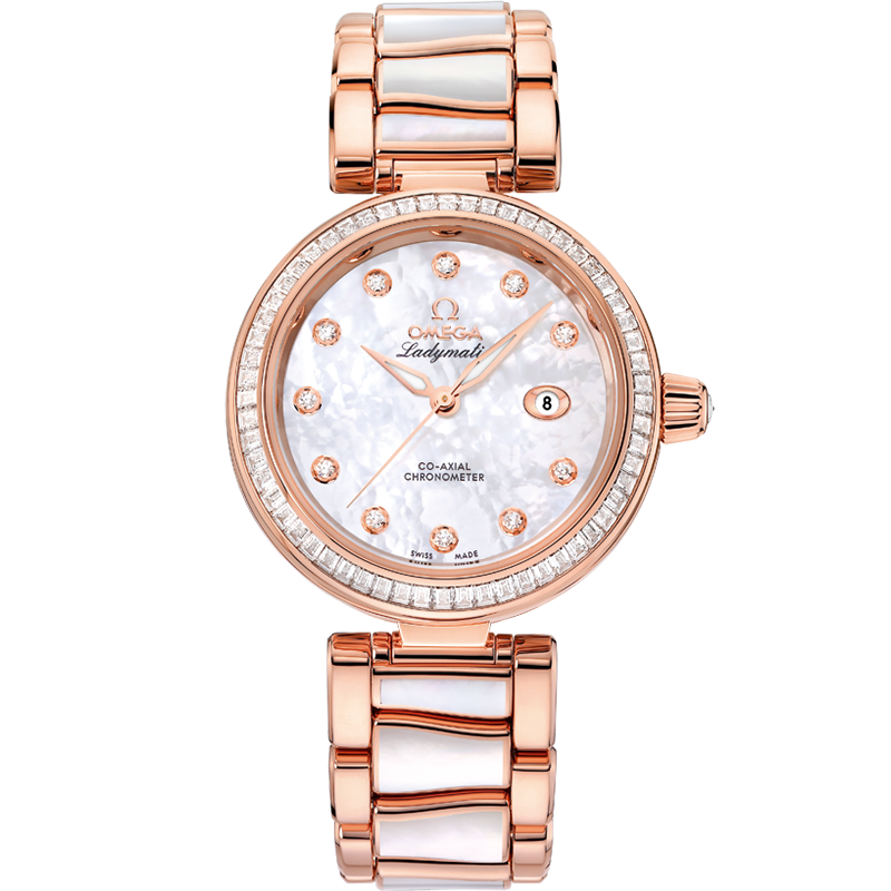 Omega LadyMatic Co-Axial 34 Sedna Gold Baguette / MOP / MOP Bracelet — Ref. 425.65.34.20.55.007