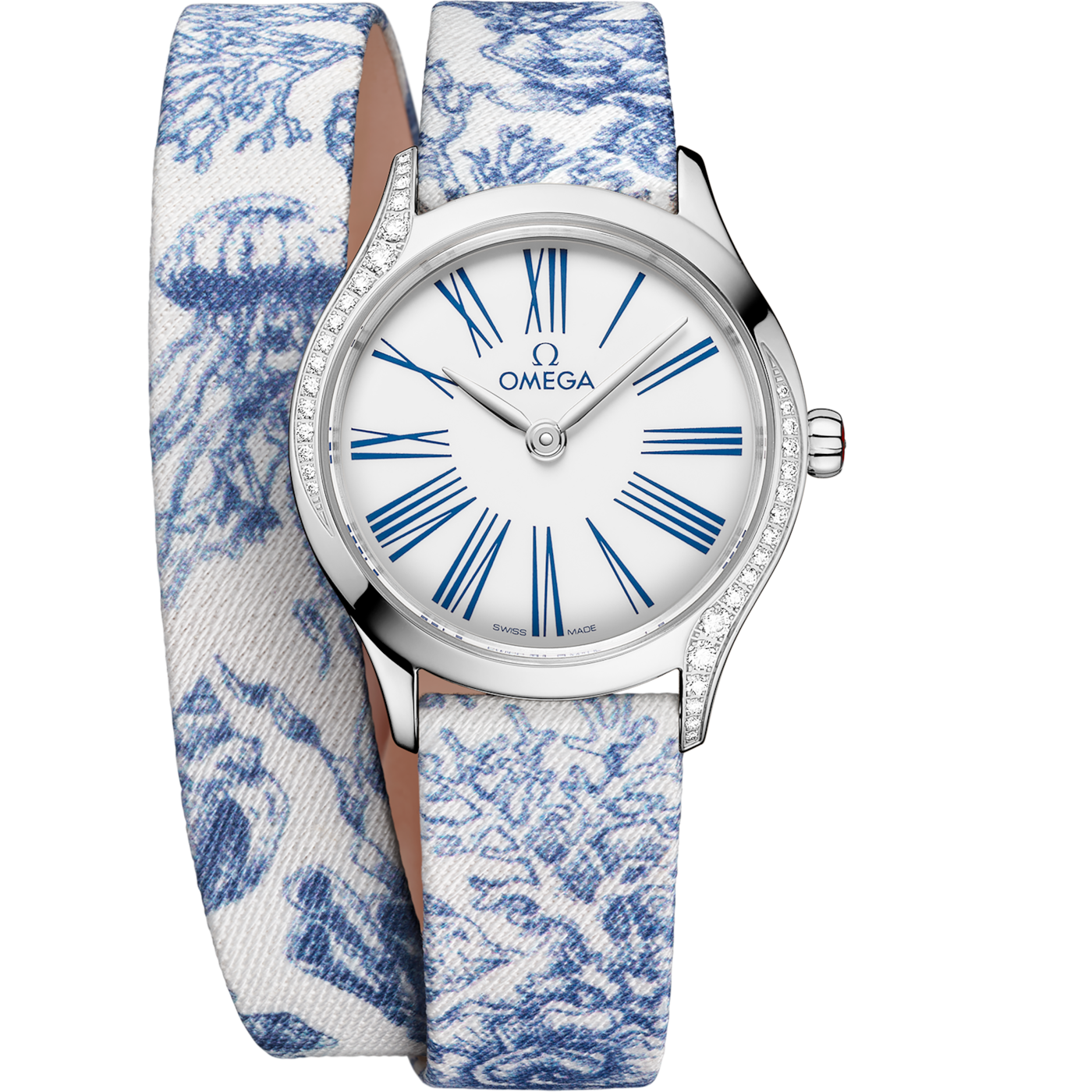 Omega Mini Tr̩sor Quartz 26 Stainless Steel - Diamond / White - Blue / Toile de Jouy - Double Tour — Ref. 428.17.26.60.04.001
