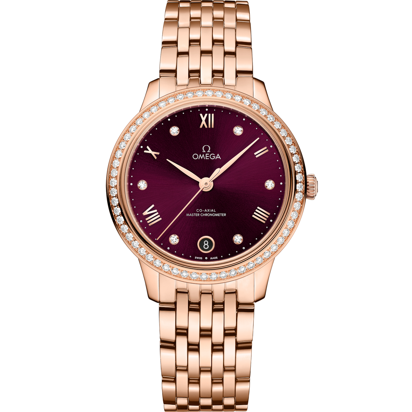 Omega De Ville Master Chronometer 34 Sedna Gold - Diamond / Burgundy - Diamond / Bracelet — Ref. 434.55.34.20.61.001