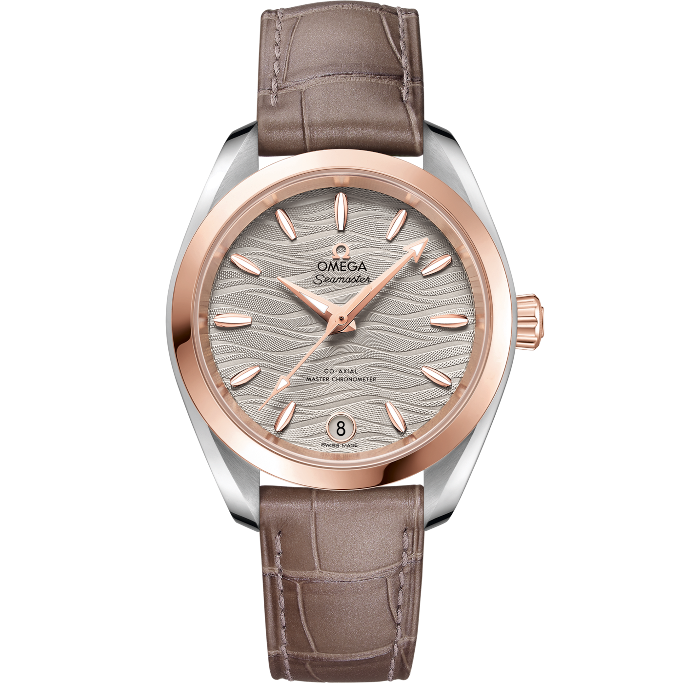 Omega Seamaster Aqua Terra 150M Master Chronometer 34 Stainless Steel / Sedna Gold / Grey-Waves / Alligator — Ref. 220.23.34.20.06.001