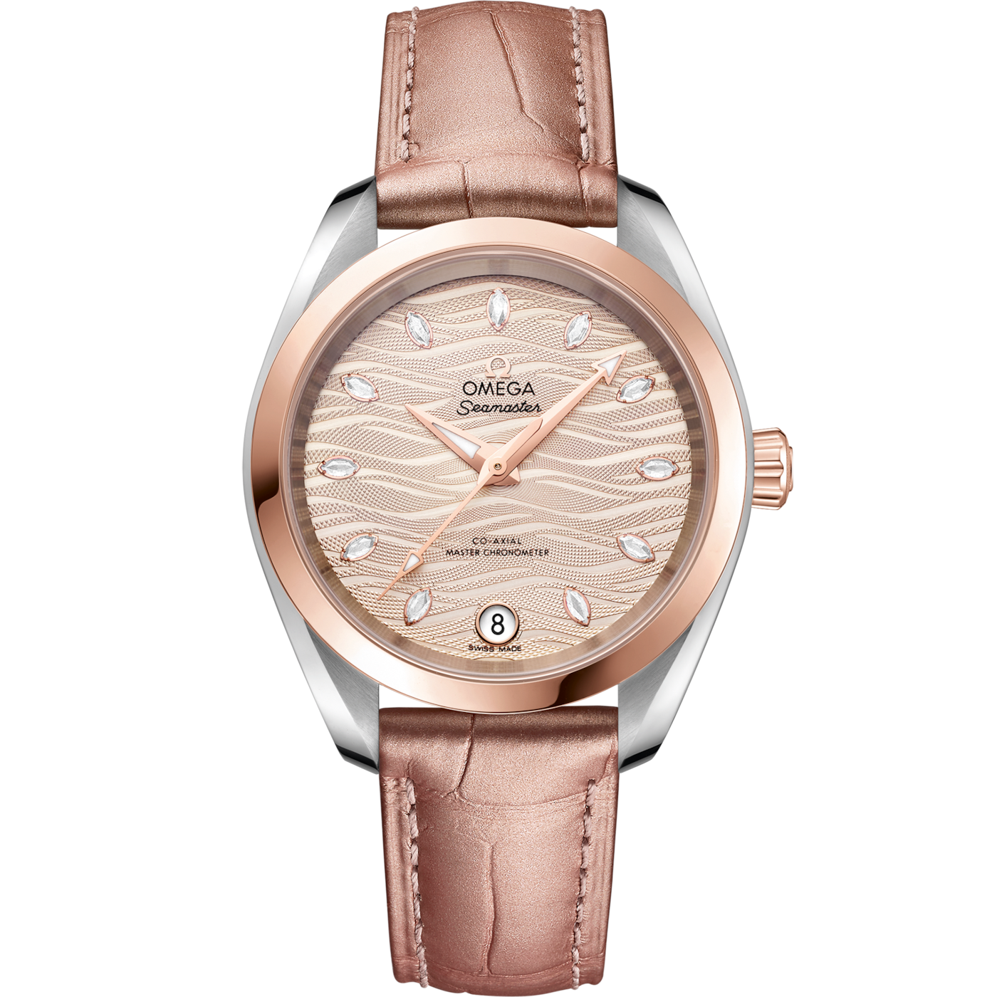 Omega Seamaster Aqua Terra 150M Master Chronometer 34 Stainless Steel / Sedna Gold / Grey - Diamond / Alligator — Ref. 220.23.34.20.59.001