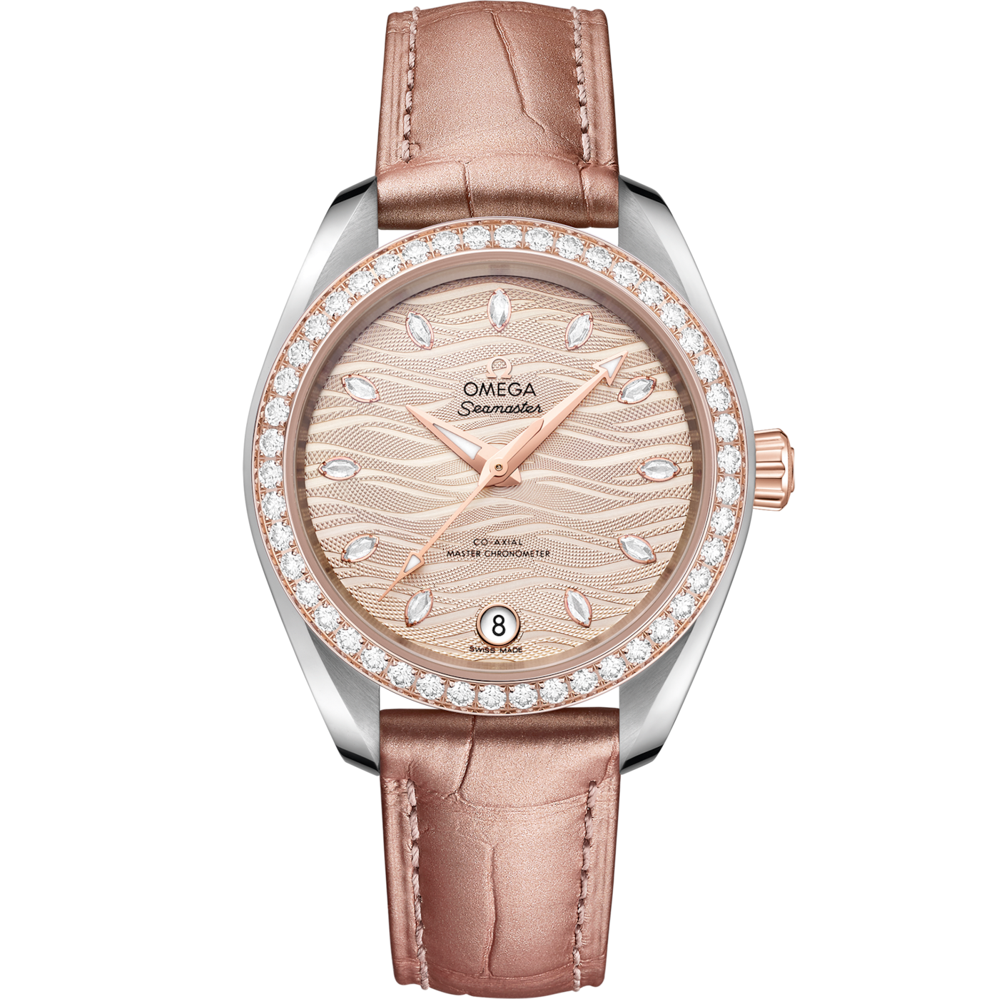 Omega Seamaster Aqua Terra 150M Master Chronometer 34 Stainless Steel / Sedna Gold / Diamond / Grey - Diamond / Alligator — Ref. 220.28.34.20.59.001