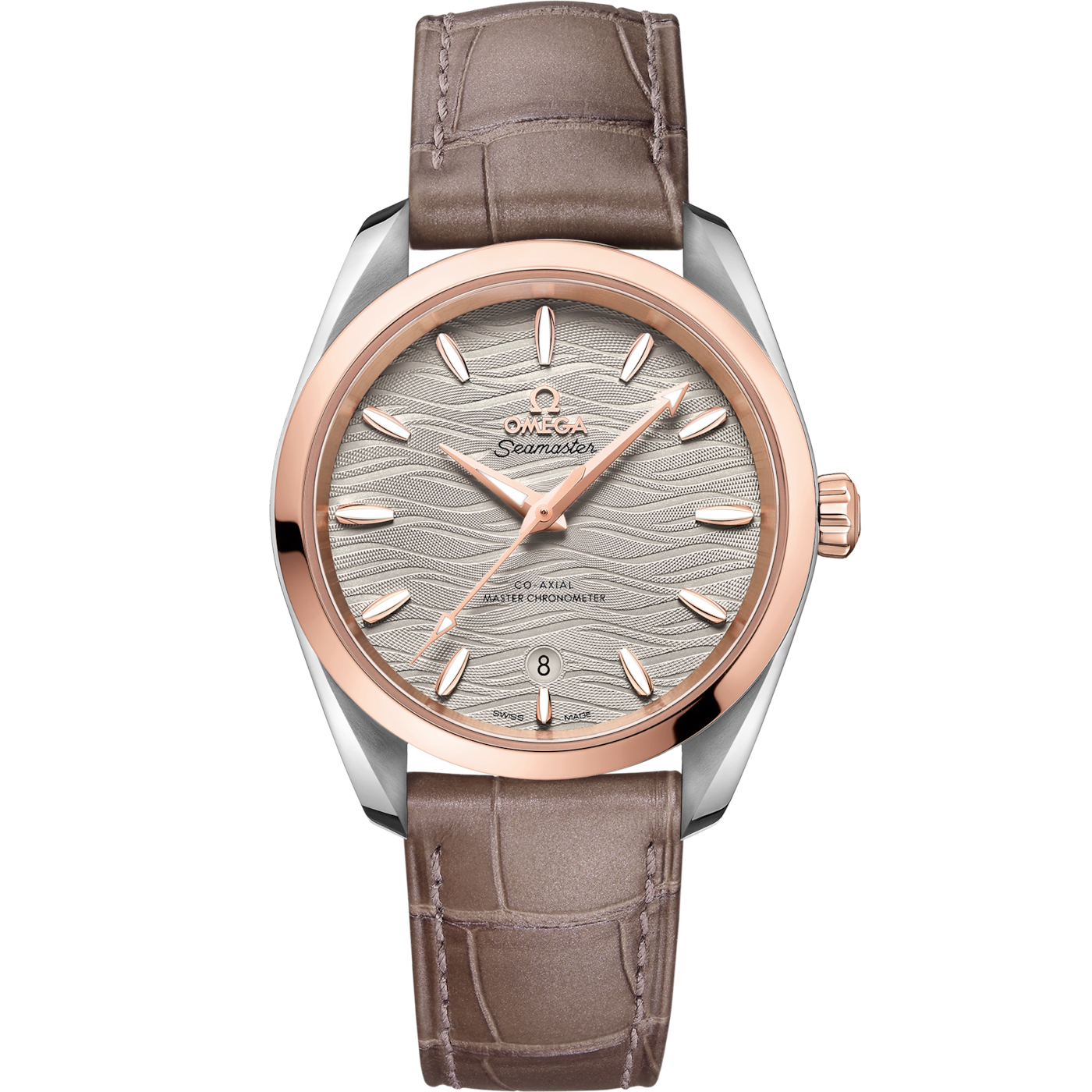 Omega Seamaster Aqua Terra 150M Master Chronometer 34 Stainless Steel / Sedna Gold / Grey-Waves / Alligator — Ref. 220.23.38.20.06.001