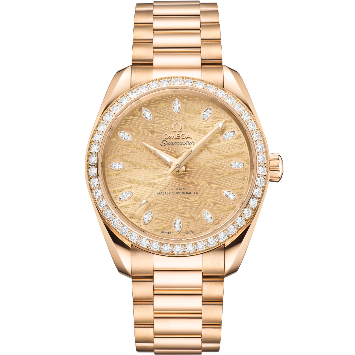 Omega Seamaster Aqua Terra 150M Master Chronometer 34 Moonshine Gold - Diamond / Champagne / Bracelet — Ref. 220.55.38.20.99.002