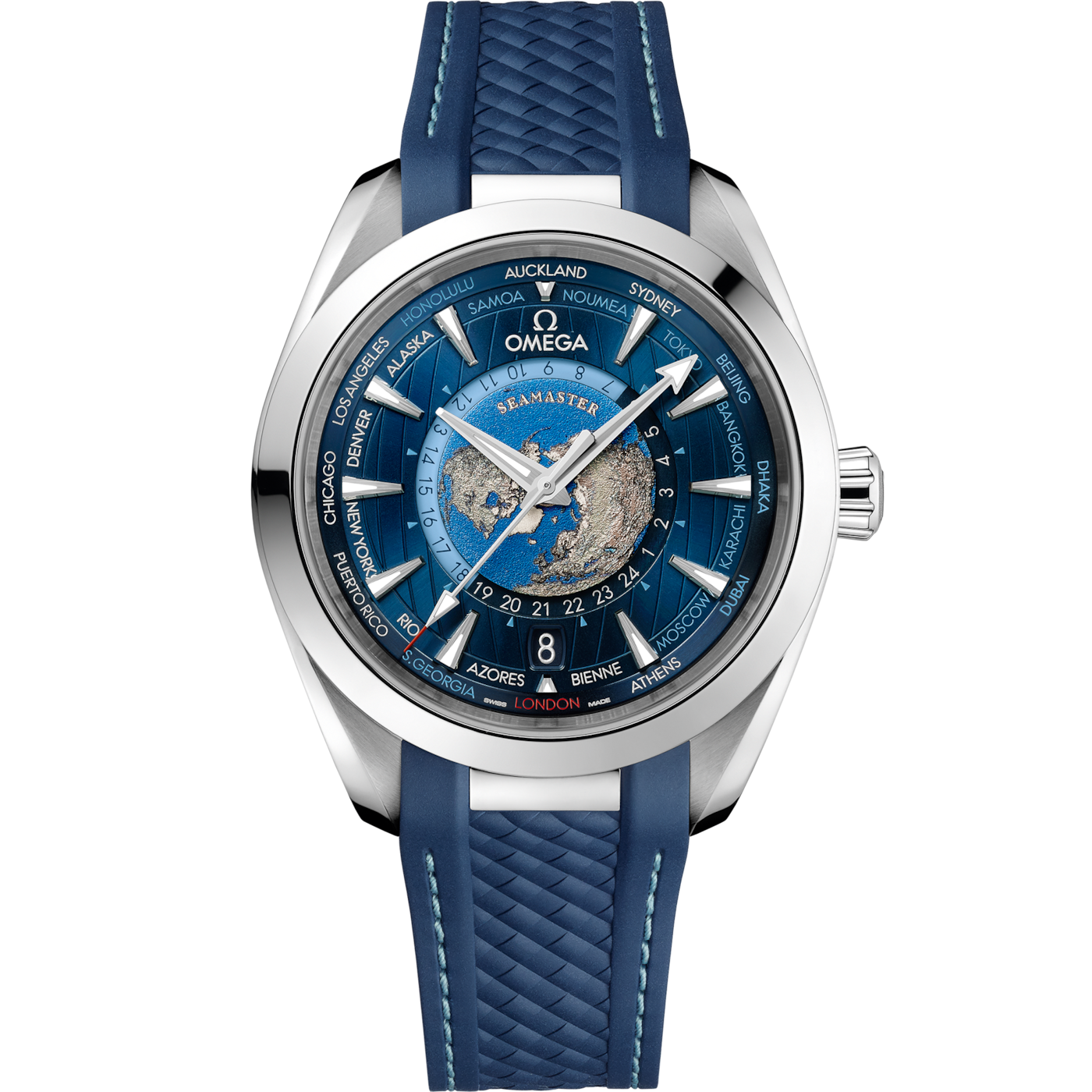 Omega Seamaster Aqua Terra 150M Master Chronometer 43 Worldtimer Stainless Steel / Blue / Rubber — Ref. 220.12.43.22.03.001