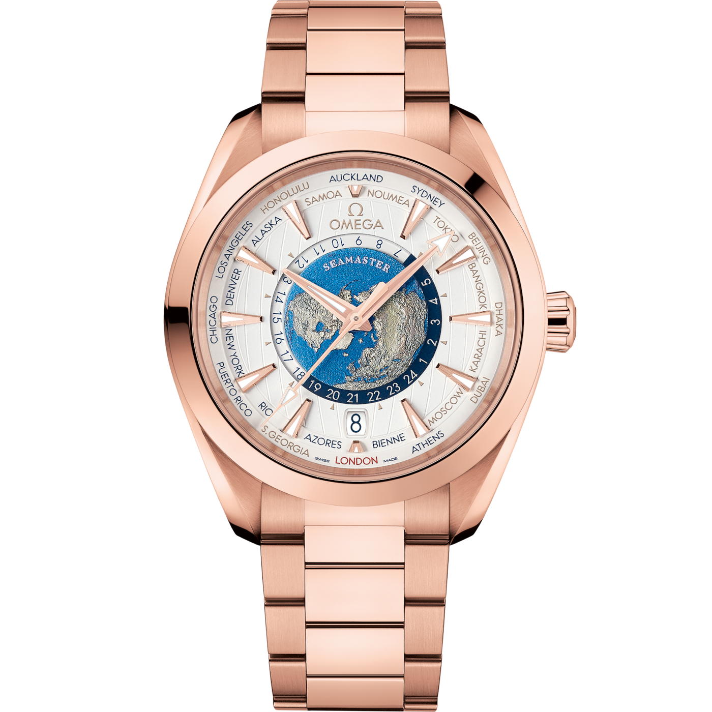 Omega Seamaster Aqua Terra 150M Master Chronometer 43 Worldtimer Sedna Gold / Silver / Bracelet — Ref. 220.50.43.22.02.001