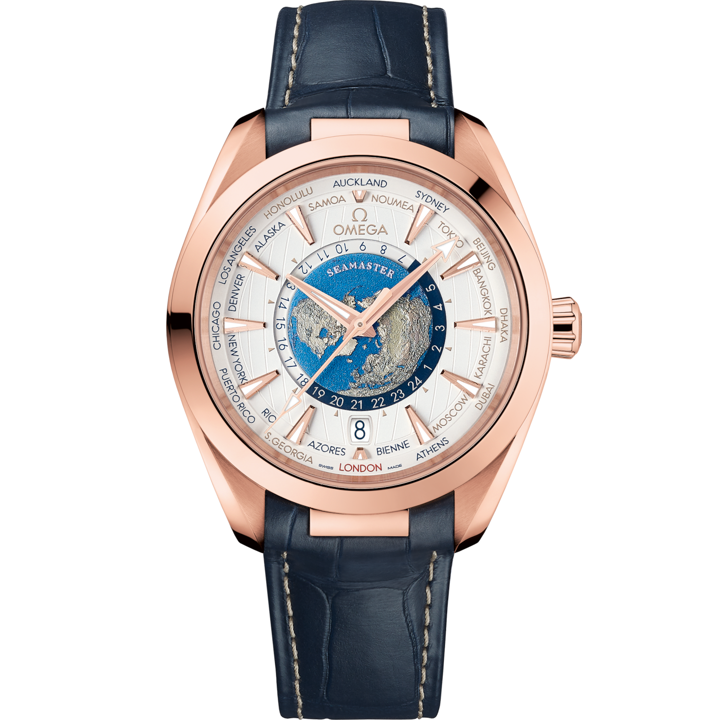 Omega Seamaster Aqua Terra 150M Master Chronometer 43 Worldtimer Sedna Gold / Silver / Alligator — Ref. 220.53.43.22.02.001