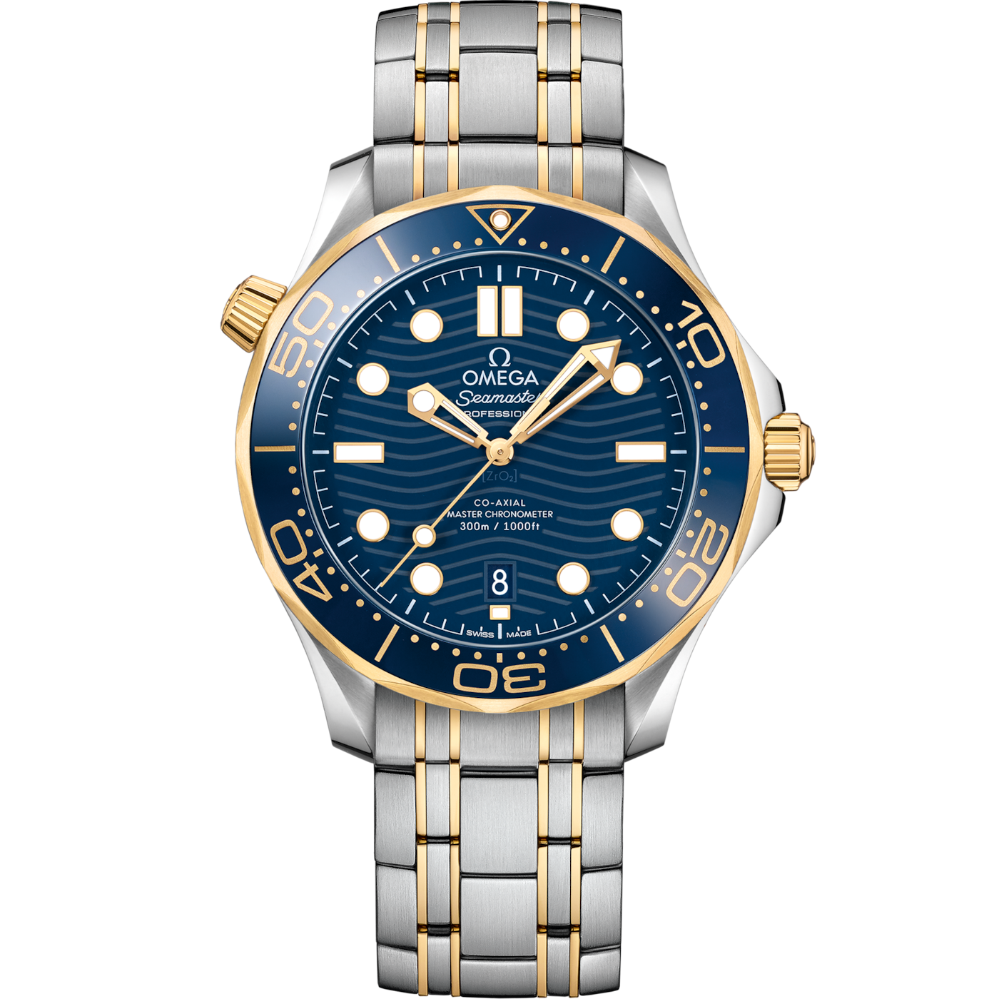 Omega Seamaster Diver 300M Master Co-Axial 42 Stainless Steel / Yellow Gold / Blue / Bracelet — Ref. 210.20.42.20.03.001