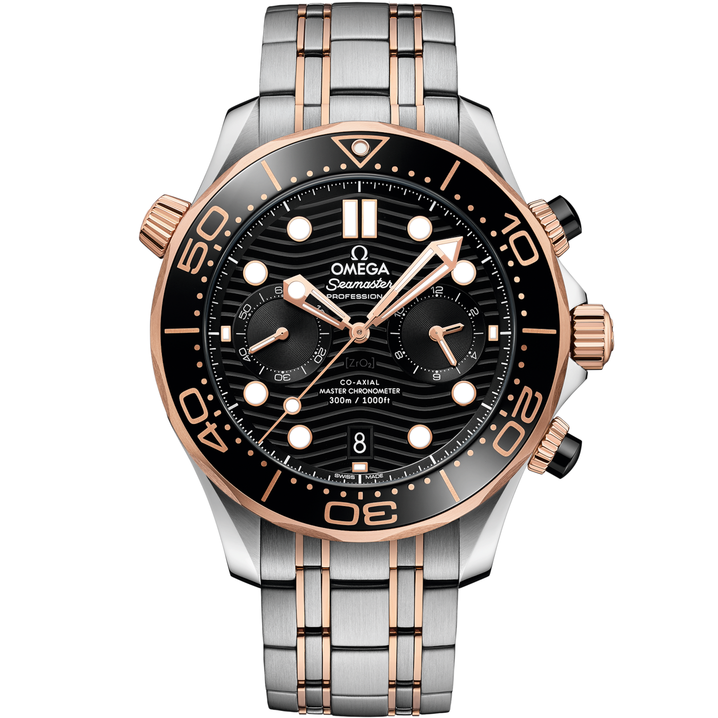 Omega Seamaster Diver 300M Master Co-Axial 44 Chronograph Stainless Steel / Sedna Gold / Black / Bracelet — Ref. 210.20.44.51.01.001
