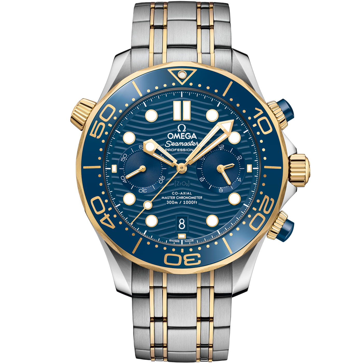Omega Seamaster Diver 300M Master Co-Axial 44 Chronograph Stainless Steel / Yellow Gold / Blue / Bracelet — Ref. 210.20.44.51.03.001