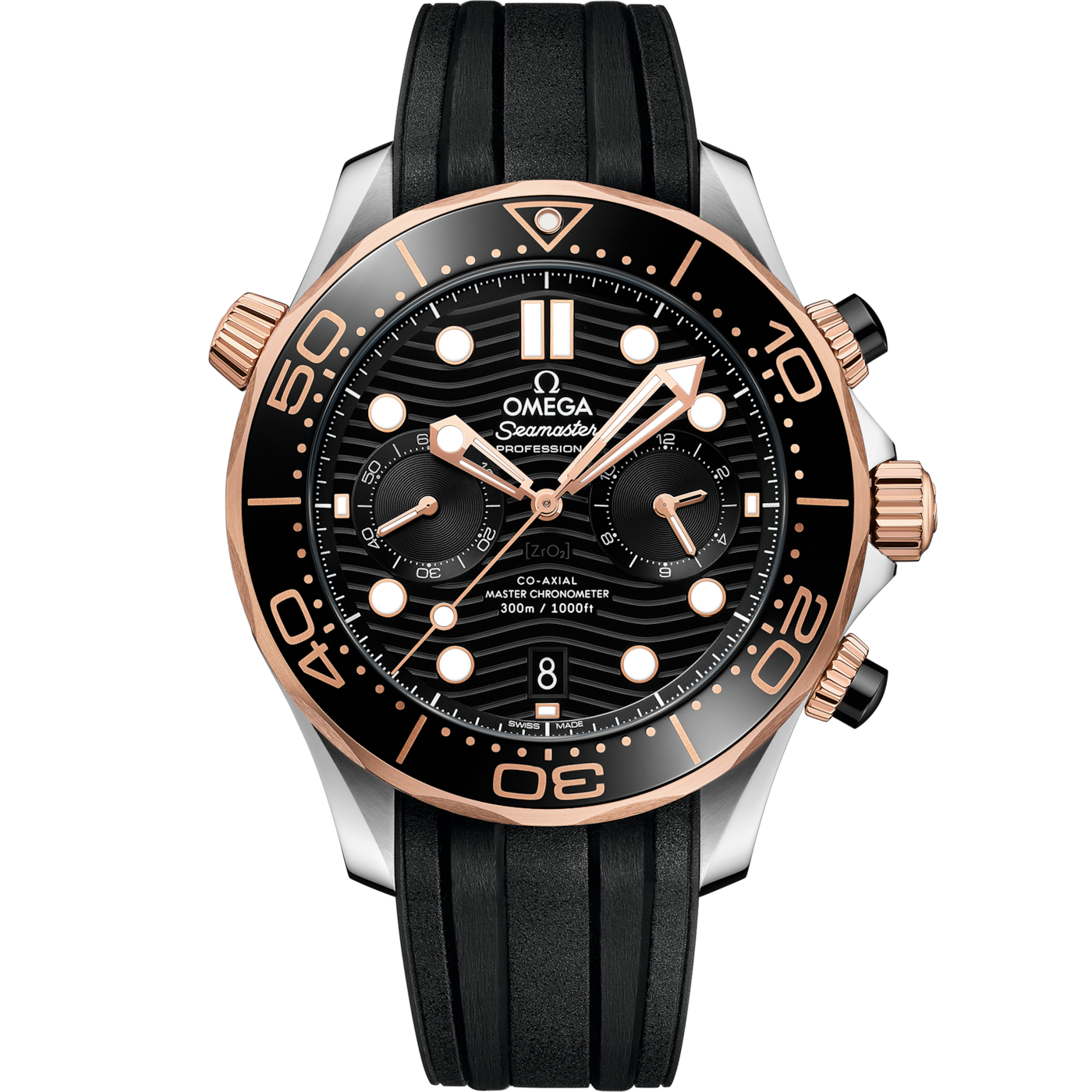 Omega Seamaster Diver 300M Master Co-Axial 44 Chronograph Stainless Steel / Sedna Gold / Black / Rubber — Ref. 210.22.44.51.01.001