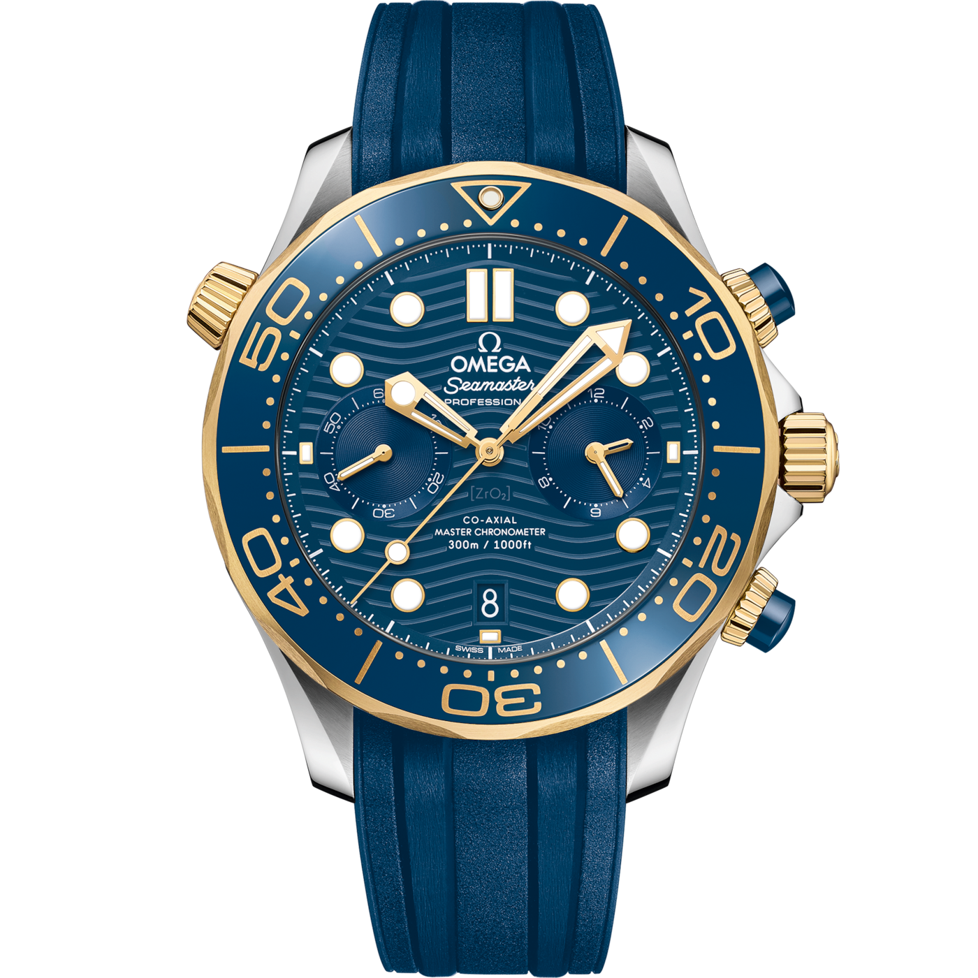 Omega Seamaster Diver 300M Master Co-Axial 44 Chronograph Stainless Steel / Yellow Gold / Blue / Rubber — Ref. 210.22.44.51.03.001