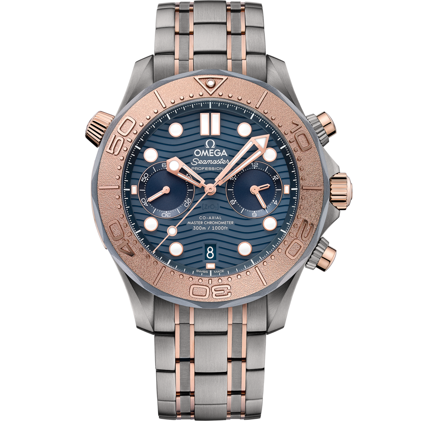 Omega Seamaster Diver 300M Master Co-Axial 44 Chronograph Titanium / Tantalum / Sedna Gold / Blue / Bracelet — Ref. 210.60.44.51.03.001