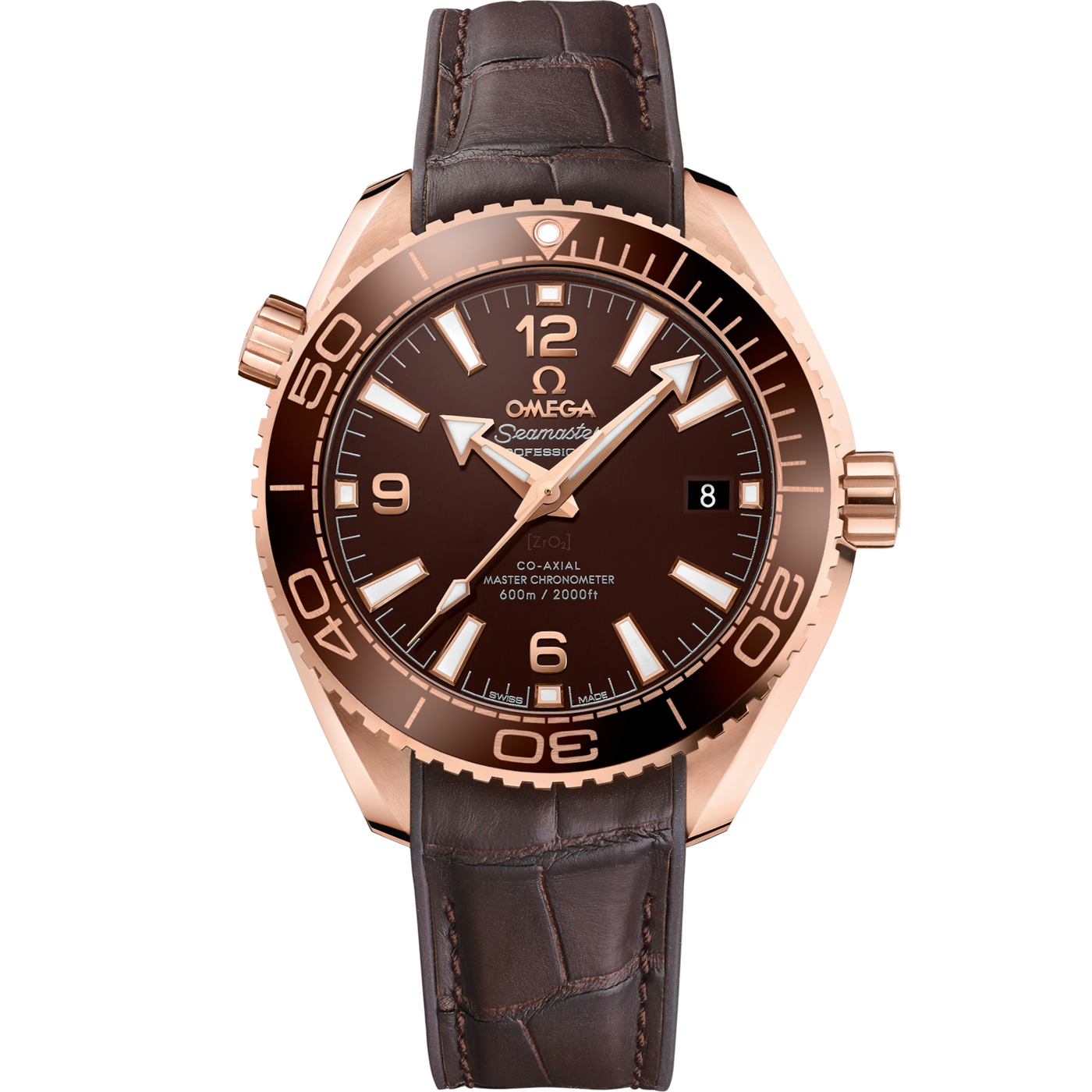 Omega Seamaster Planet Ocean 600M Co-Axial 39.5 Master Chronometer Sedna Gold / Chocolate / Alligator — Ref. 215.63.40.20.13.001
