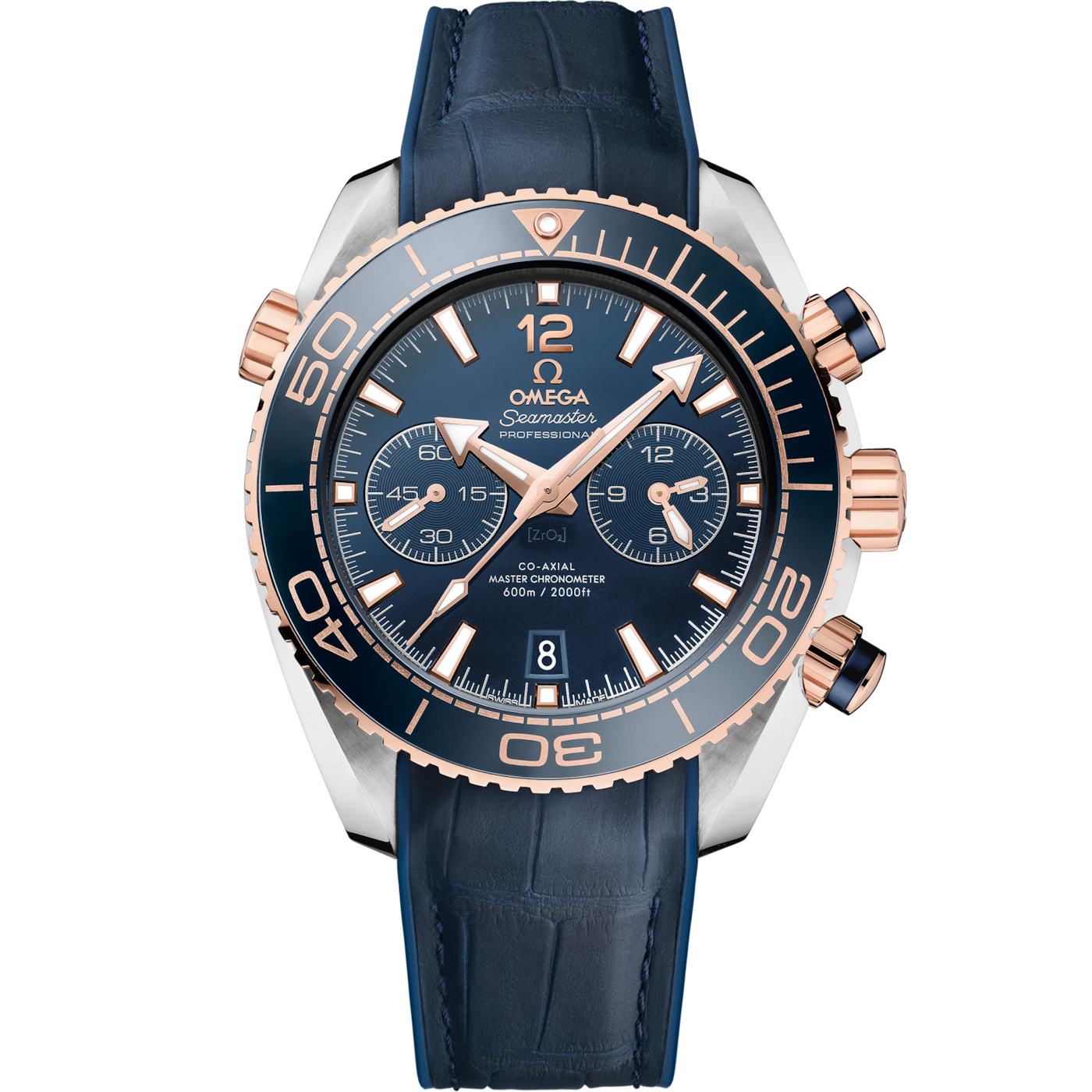 Omega Seamaster Planet Ocean 600M Co-Axial 45.5 Master Chronometer Chronograph Stainless Steel / Sedna Gold / Blue / Alligator — Ref. 215.23.46.51.03.001