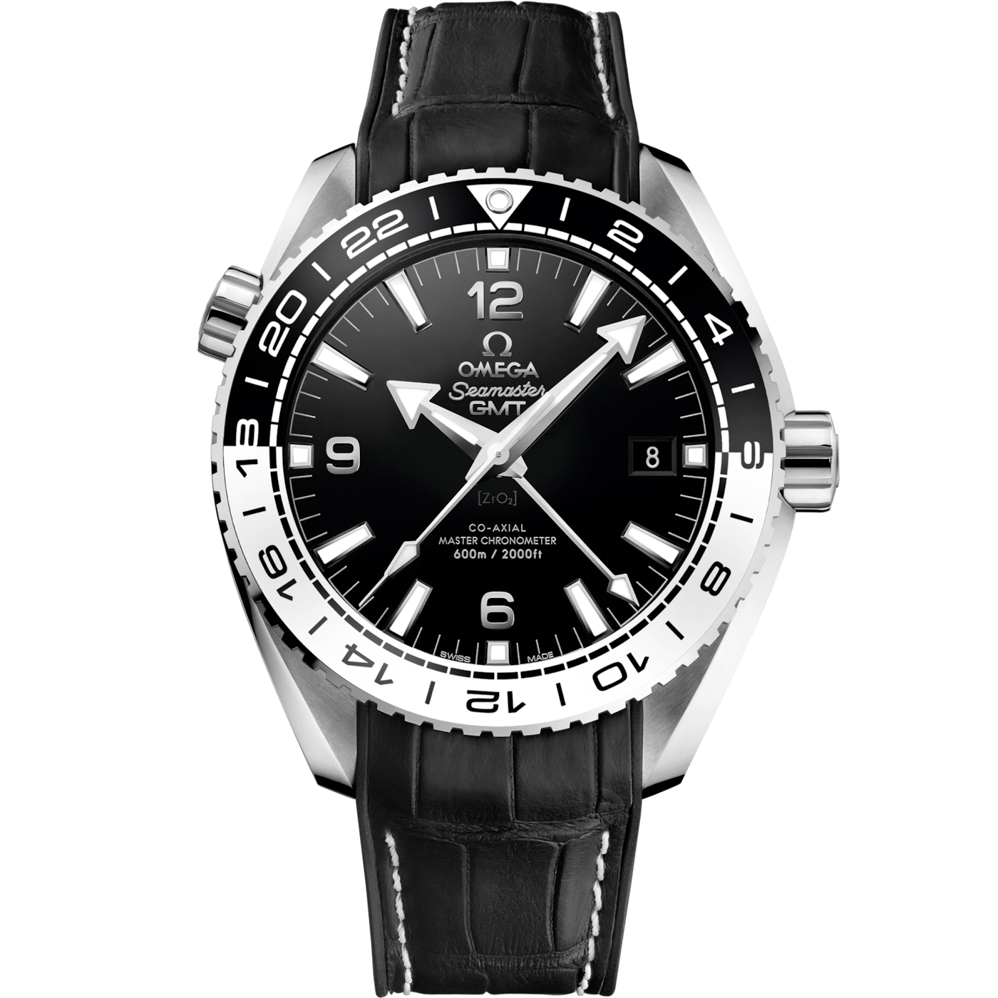 Omega Seamaster Planet Ocean 600M Co-Axial 43.5 Master Chronometer GMT Stainless Steel / Black White / Alligator — Ref. 215.33.44.22.01.001