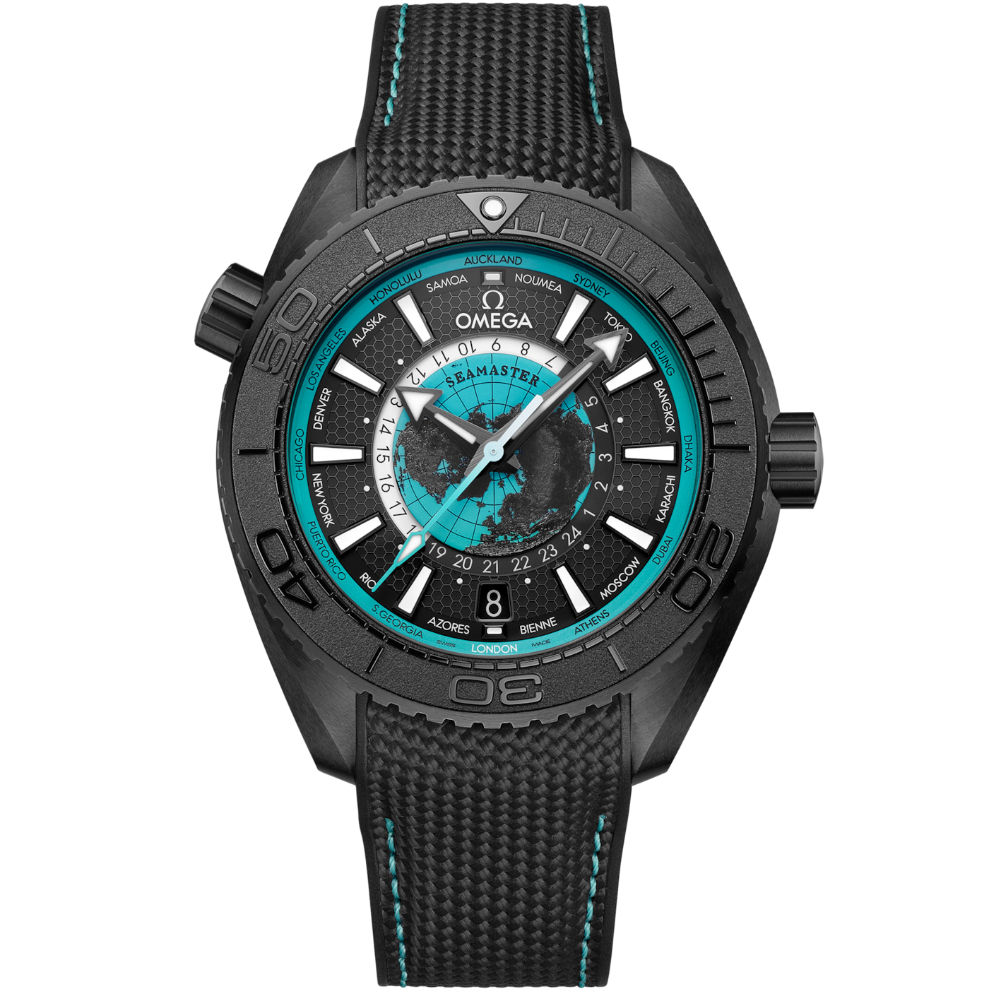 Omega Seamaster Planet Ocean 600M Co-Axial Worldtimer 45.5 Master Chronometer GMT Ceramic / Black - Turquoise / Rubber — Ref. 215.92.46.22.01.006