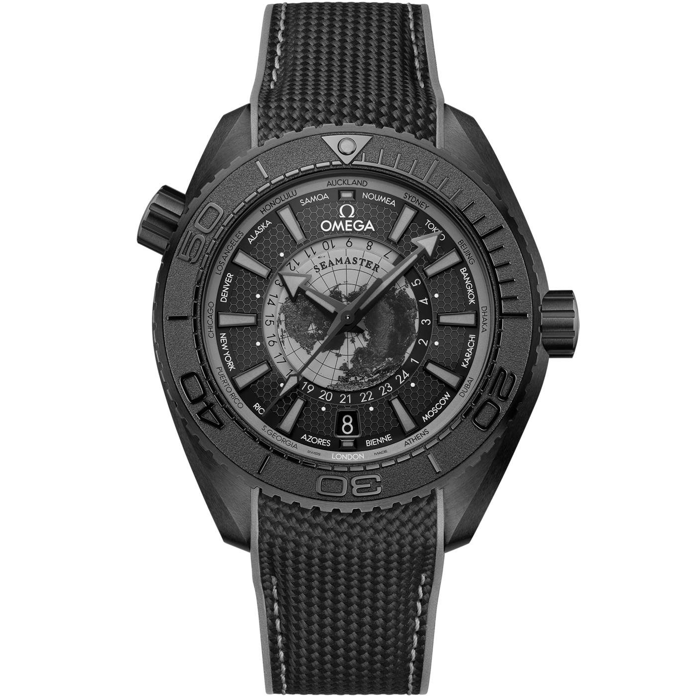 Omega Seamaster Planet Ocean 600M Co-Axial Worldtimer 45.5 Master Chronometer GMT Ceramic / Black - Grey / Rubber — Ref. 215.92.46.22.01.007
