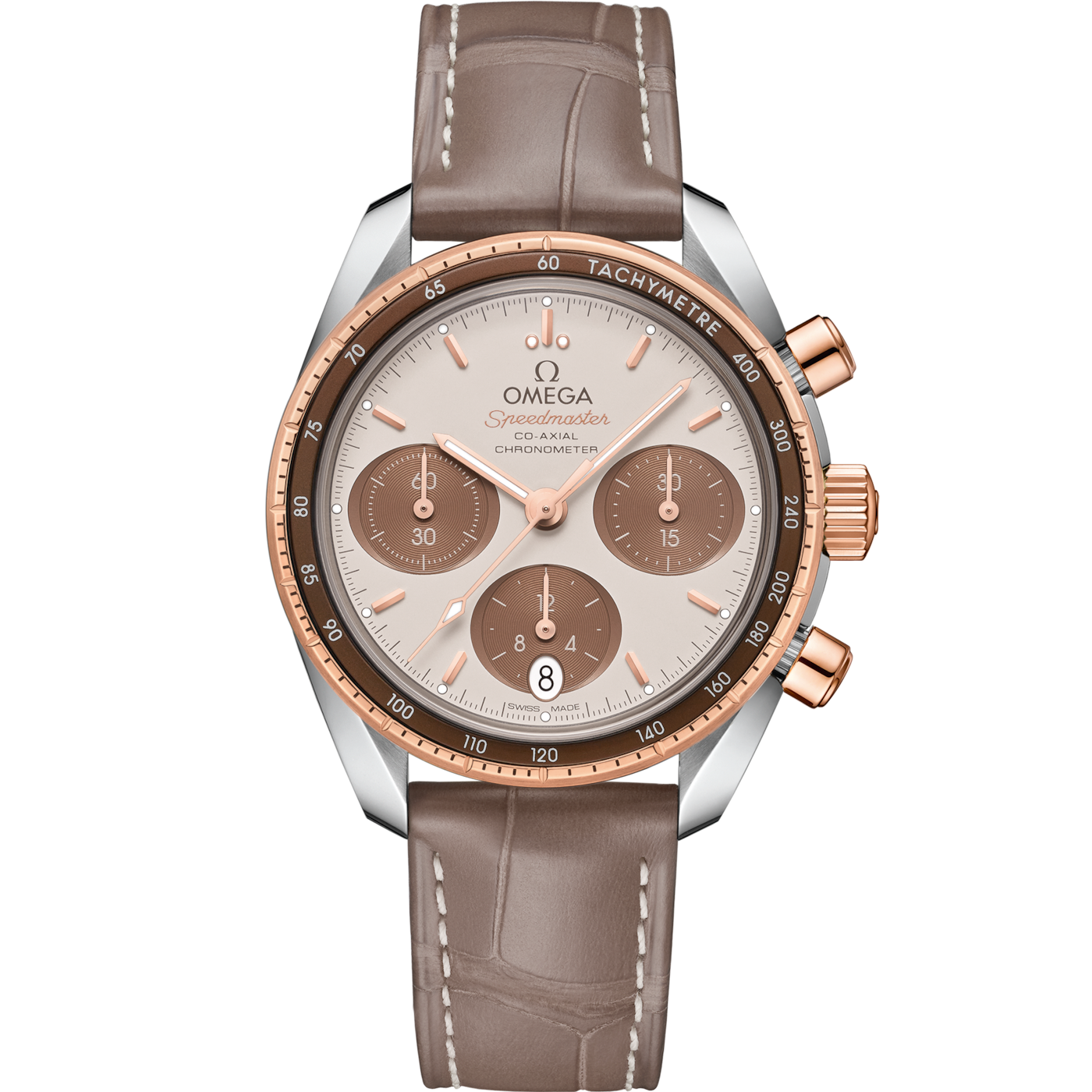 Omega Speedmaster Co-Axial 38 Stainless Steel / Sedna Gold / Cappuccino — Ref. 324.23.38.50.02.002