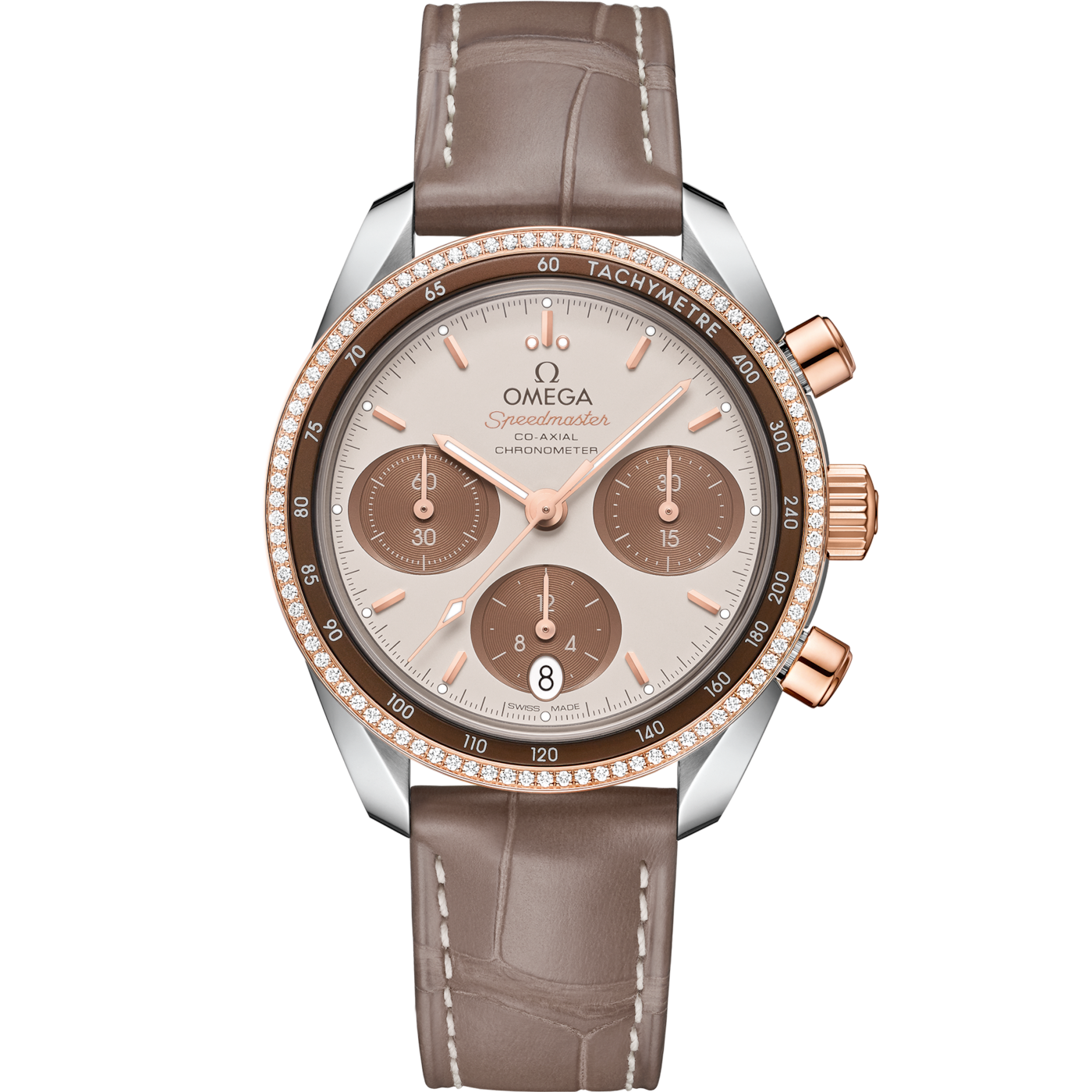 Omega Speedmaster Co-Axial 38 Stainless Steel / Sedna Gold / Diamond / Cappuccino — Ref. 324.28.38.50.02.002