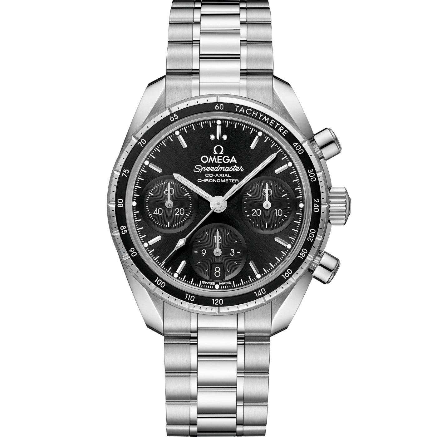 Omega Speedmaster Co-Axial 38 Stainless Steel / Black / Bracelet — Ref. 324.30.38.50.01.001