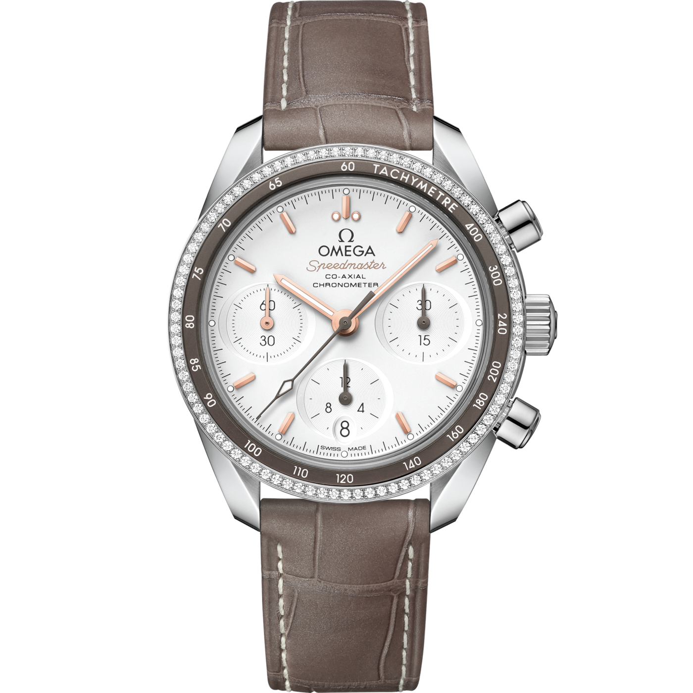 Omega Speedmaster Co-Axial 38 Stainless Steel / Diamond / Silver / Strap — Ref. 324.38.38.50.02.001